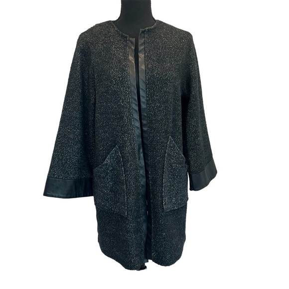Zara Sweaters - Zara Collection gray black Open Front Faux Leather Trim Cardigan Sweater Sz M
